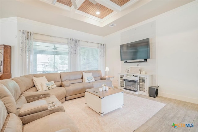 2306 Wooster St, Nolanville, TX 76559 - living area featuring beamed ceiling, light wood-type flooring, coffered ceiling, visible vents, and ornamental molding