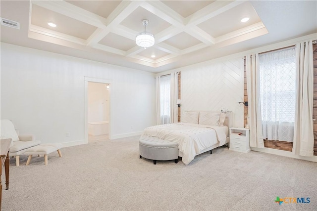 2306 Wooster St, Nolanville, TX 76559 - carpeted bedroom featuring beamed ceiling, recessed lighting, coffered ceiling, visible vents, and baseboards