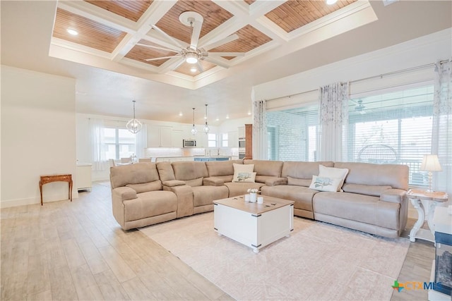 2306 Wooster St, Nolanville, TX 76559 - living area with beam ceiling, coffered ceiling, a ceiling fan, light wood-style flooring, and baseboards