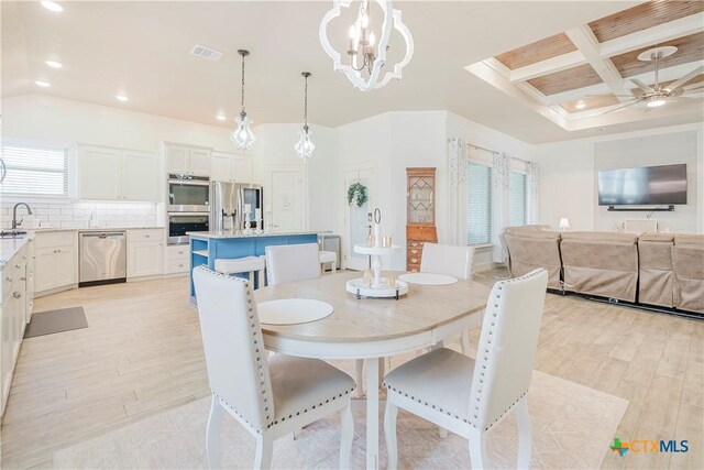 2306 Wooster St, Nolanville, TX 76559 - dining room with visible vents, light wood-style floors, coffered ceiling, beam ceiling, and recessed lighting