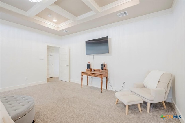 2306 Wooster St, Nolanville, TX 76559 - living area featuring coffered ceiling, carpet, ornamental molding, beam ceiling, and visible vents