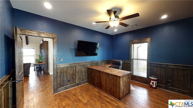 office area featuring ceiling fan and dark hardwood / wood-style floors