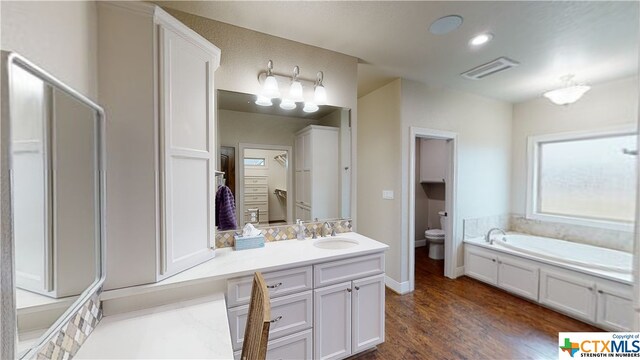 bathroom featuring a washtub, wood-type flooring, toilet, and vanity