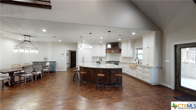 kitchen featuring pendant lighting, custom range hood, a healthy amount of sunlight, and a center island with sink