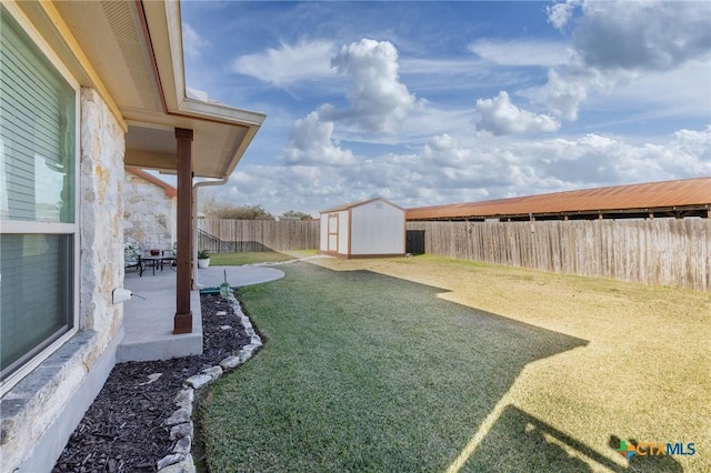 view of yard featuring a patio area and a shed