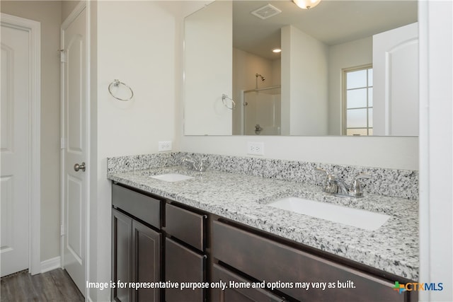 bathroom with a shower, vanity, and wood-type flooring