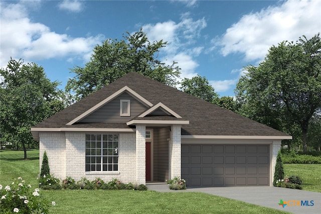 view of front of home with a garage and a front lawn