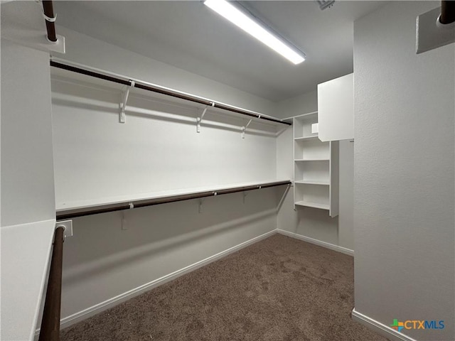 spacious closet featuring dark colored carpet