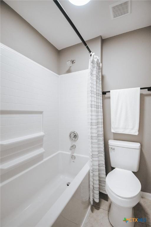 bathroom with toilet, shower / bathtub combination with curtain, visible vents, and tile patterned floors