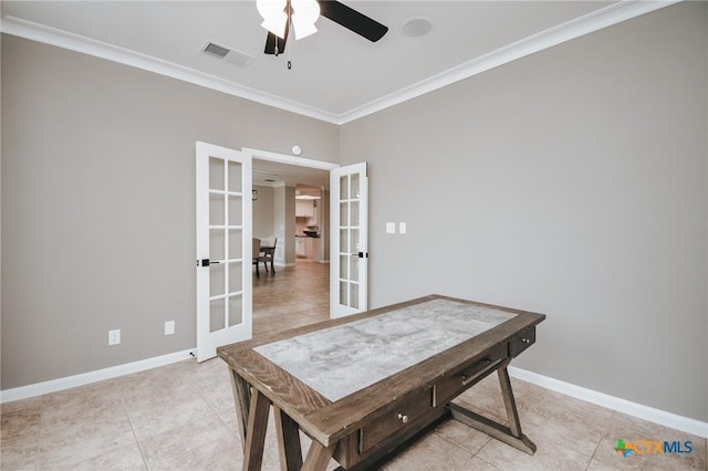 office featuring light tile patterned floors, baseboards, visible vents, ornamental molding, and french doors