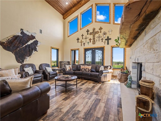 12093 Sulphur Springs Rd, Adkins, TX 78101 - living room with high vaulted ceiling, wood ceiling, hardwood / wood-style floors, healthy amount of natural light, and a fireplace