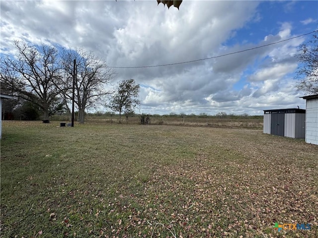 view of yard featuring a storage shed