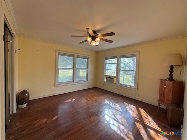 unfurnished room with ceiling fan, dark wood-type flooring, and ornamental molding