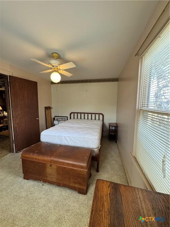 carpeted bedroom with ceiling fan