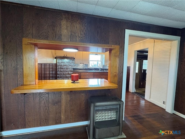 kitchen with backsplash, wood walls, sink, and dark hardwood / wood-style floors