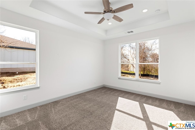 carpeted empty room with a raised ceiling, plenty of natural light, and ceiling fan