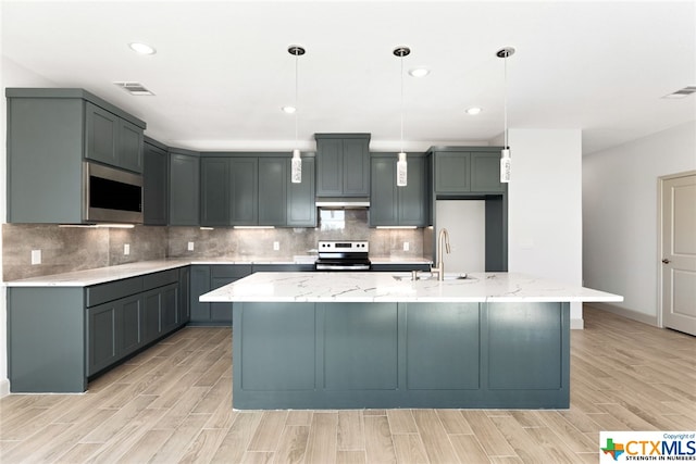 kitchen featuring a center island with sink, sink, hanging light fixtures, and appliances with stainless steel finishes