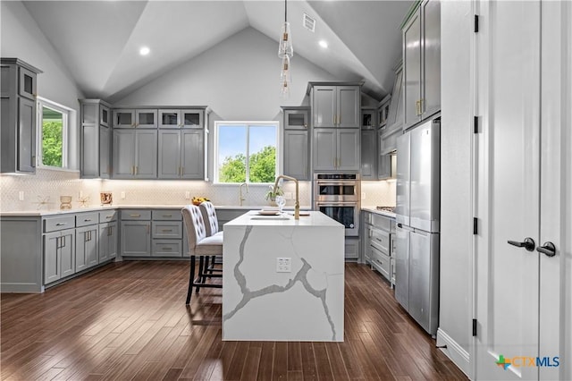 6817 Misty Creek Ln, Temple, TX 76502 - kitchen with gray cabinetry, appliances with stainless steel finishes, vaulted ceiling, an island with sink, and plenty of natural light