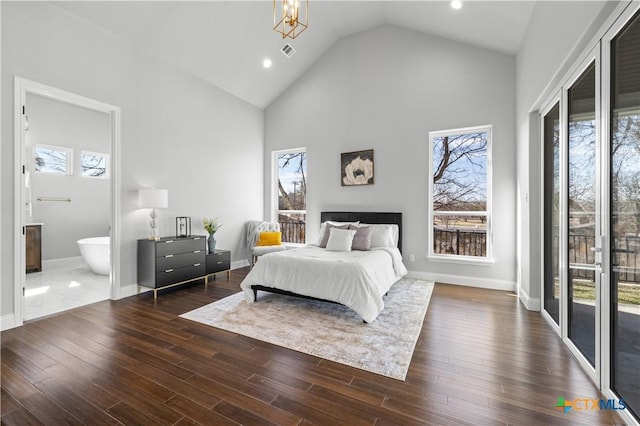 6817 Misty Creek Ln, Temple, TX 76502 - bedroom with access to exterior, high vaulted ceiling, recessed lighting, wood finished floors, and ensuite bathroom