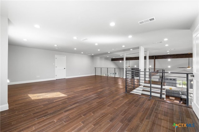 empty room featuring baseboards, visible vents, a ceiling fan, wood finished floors, and recessed lighting