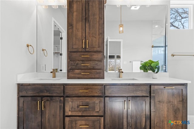 full bathroom featuring a healthy amount of sunlight, a sink, and double vanity