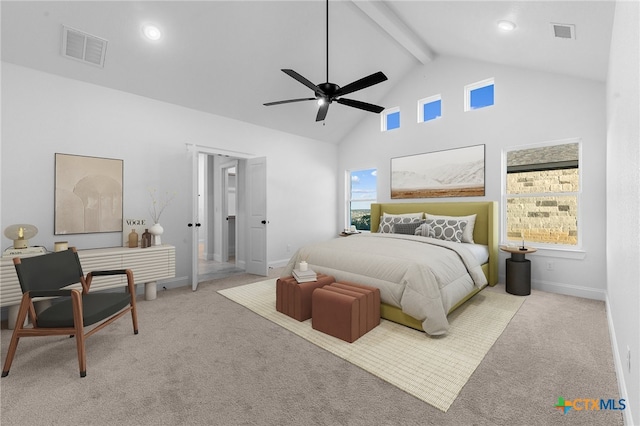 carpeted bedroom with beamed ceiling, ceiling fan, multiple windows, and high vaulted ceiling