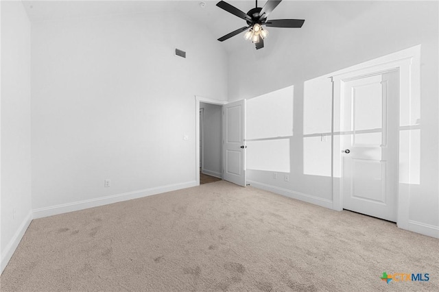 126 Overlook Trl, Copperas Cove, TX 76522 - unfurnished bedroom featuring high vaulted ceiling, carpet floors, baseboards, and ceiling fan