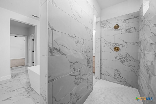 126 Overlook Trl, Copperas Cove, TX 76522 - full bathroom featuring marble finish flooring, a tile shower, a freestanding tub, and baseboards