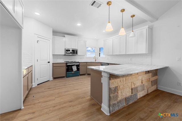 kitchen featuring stainless steel appliances, white cabinetry, sink, kitchen peninsula, and light hardwood / wood-style flooring