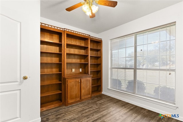 interior space with ceiling fan and dark wood finished floors