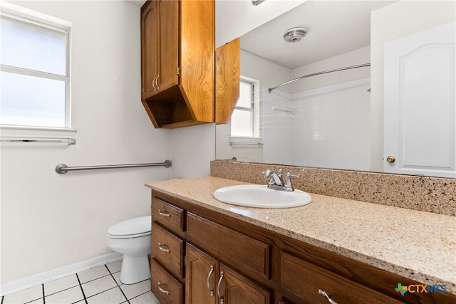 bathroom with tile patterned flooring, visible vents, toilet, vanity, and a shower