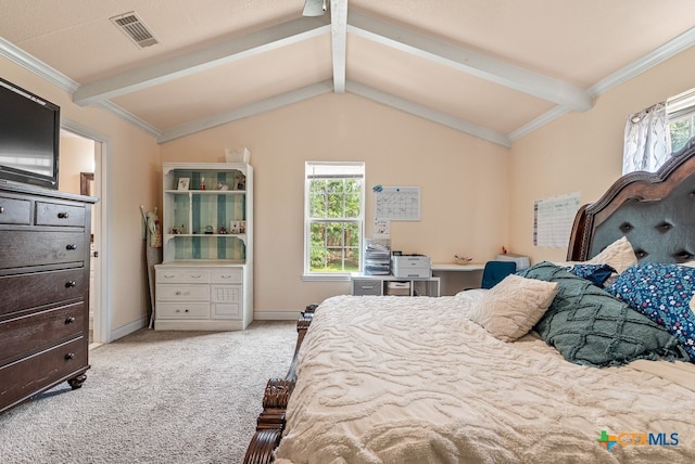 carpeted bedroom featuring ornamental molding and vaulted ceiling with beams