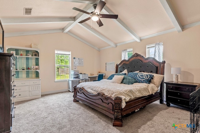 bedroom featuring ceiling fan, light carpet, and vaulted ceiling with beams