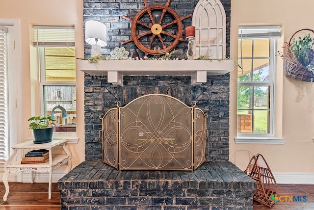 room details with a fireplace and hardwood / wood-style floors