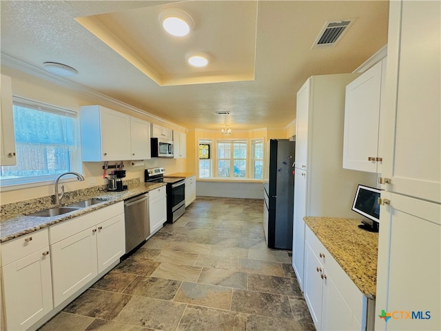 kitchen with white cabinetry, stainless steel appliances, sink, and light stone counters