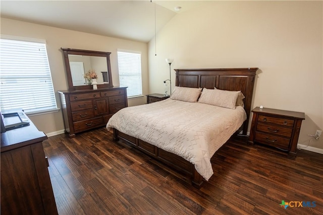 bedroom with dark hardwood / wood-style floors, vaulted ceiling, and multiple windows