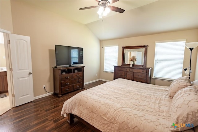 bedroom with ceiling fan, dark hardwood / wood-style flooring, and vaulted ceiling