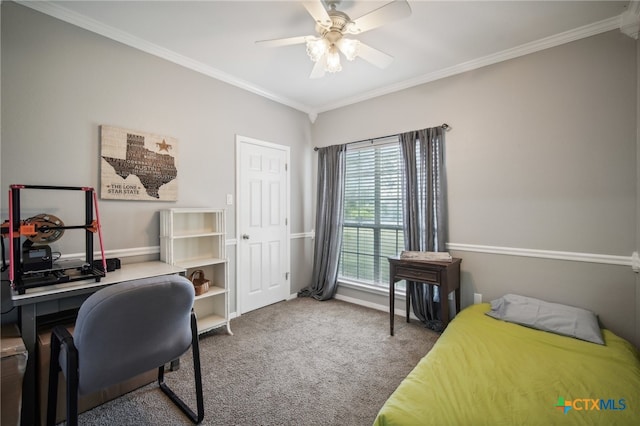 bedroom featuring ornamental molding, carpet floors, and ceiling fan