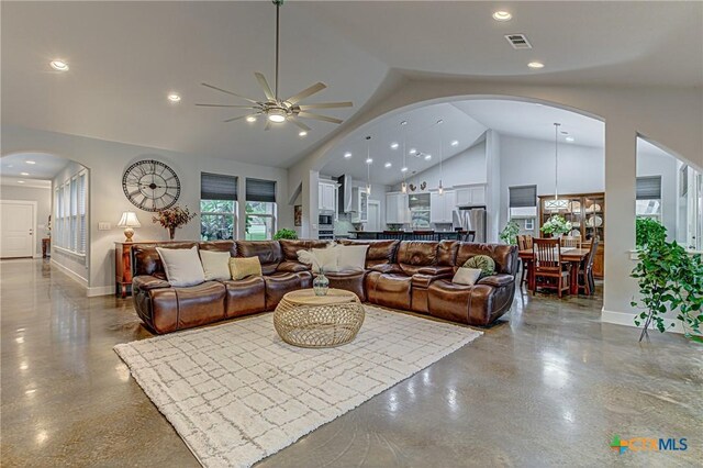 1002 Merry Ln, Kingsland, TX 78639 - living area with a ceiling fan, arched walkways, high vaulted ceiling, and recessed lighting