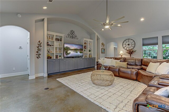 1002 Merry Ln, Kingsland, TX 78639 - living area featuring arched walkways, finished concrete flooring, vaulted ceiling, ceiling fan, and recessed lighting
