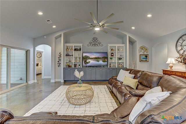 1002 Merry Ln, Kingsland, TX 78639 - living room featuring arched walkways, a ceiling fan, lofted ceiling, finished concrete floors, and recessed lighting