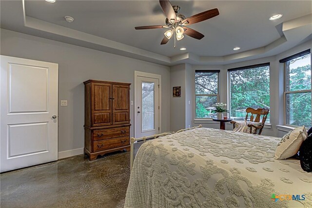 1002 Merry Ln, Kingsland, TX 78639 - bedroom with a raised ceiling, recessed lighting, ceiling fan, and access to exterior