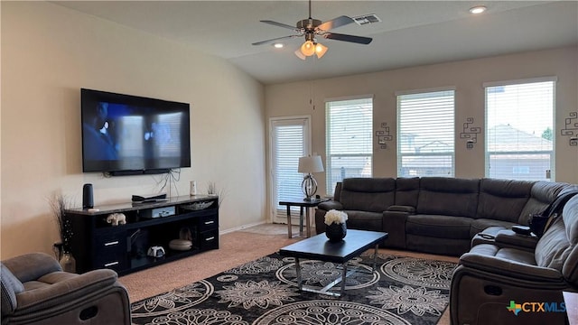 9516 Glynhill Ct, Killeen, TX 76542 - living room featuring ceiling fan, a wealth of natural light, visible vents, and carpet floors