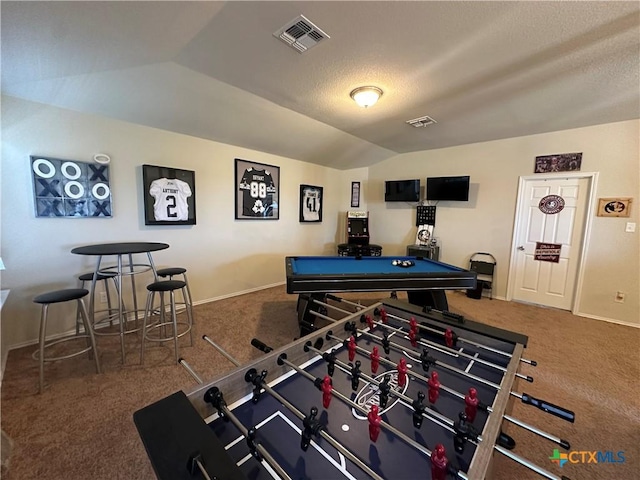 9516 Glynhill Ct, Killeen, TX 76542 - game room with visible vents, baseboards, vaulted ceiling, and carpet floors