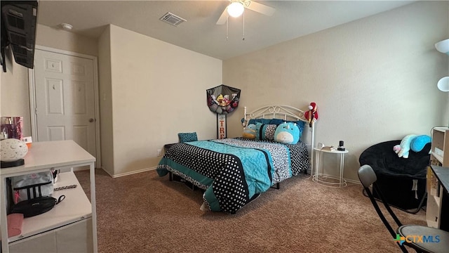 9516 Glynhill Ct, Killeen, TX 76542 - carpeted bedroom with visible vents, baseboards, and a ceiling fan