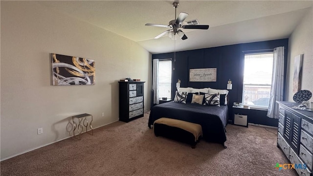 9516 Glynhill Ct, Killeen, TX 76542 - carpeted bedroom featuring visible vents, vaulted ceiling, and ceiling fan