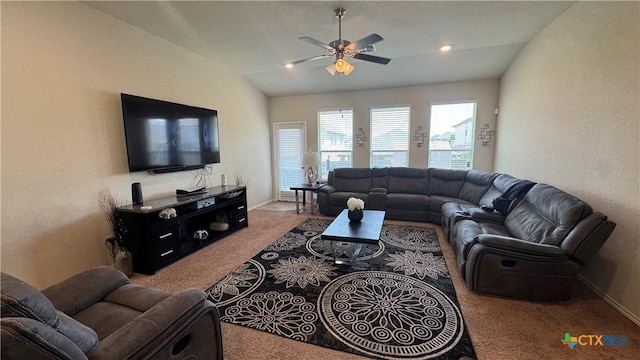9516 Glynhill Ct, Killeen, TX 76542 - carpeted living room with ceiling fan, baseboards, and lofted ceiling