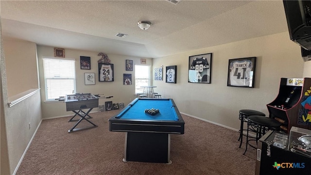 9516 Glynhill Ct, Killeen, TX 76542 - playroom with visible vents, baseboards, a textured ceiling, carpet flooring, and pool table