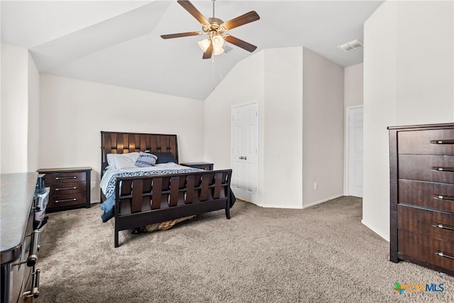 carpeted bedroom featuring lofted ceiling, visible vents, ceiling fan, and baseboards