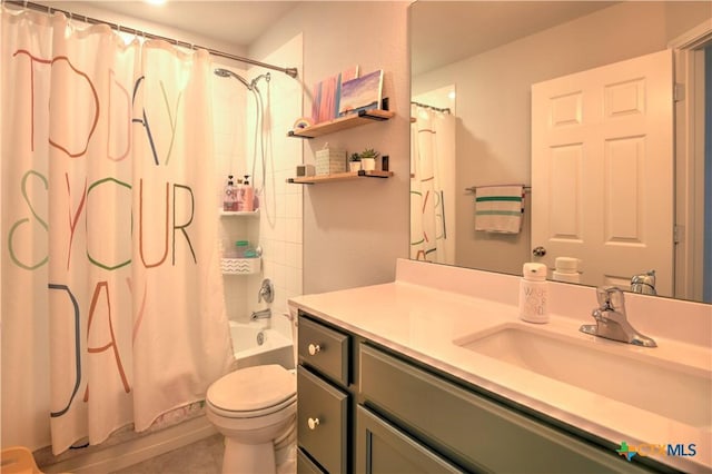 bathroom featuring vanity, toilet, and shower / bathtub combination with curtain